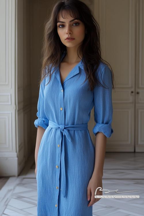 Elegant blue linen shirt dress styled in the stunning Versailles backdrop