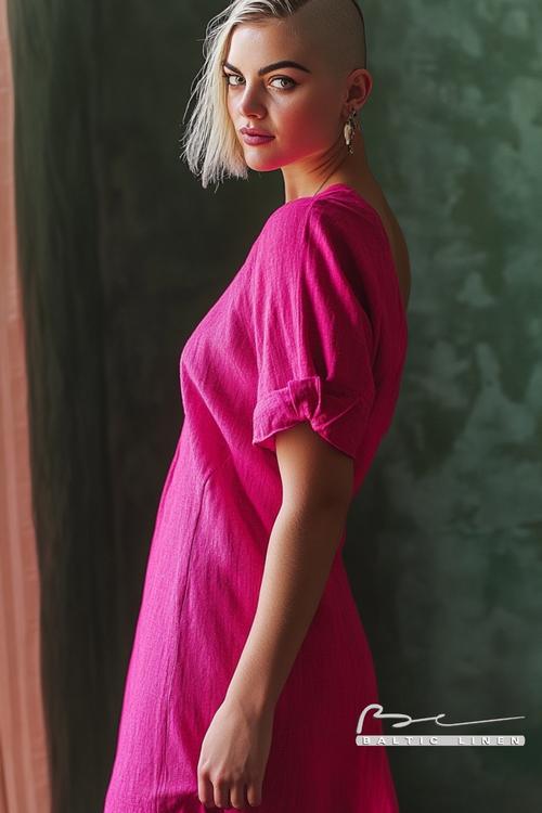 Bold neon hair with fuchsia dress at Palacio de los Olvidados