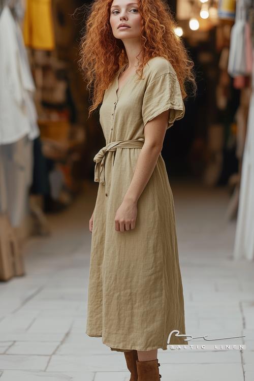 Eco-friendly fashion: Curly red hair and linen dress in Granada market