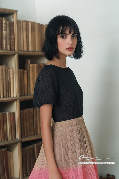 Chic Eco-Friendly Linen Dress Inspired by Stylish Black Bob Haircut