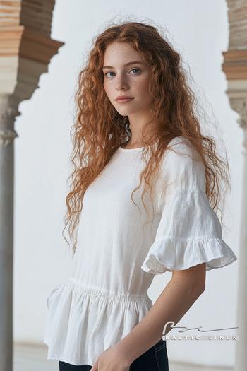 Stunning Off-White Linen Blouse with Ruffled Hem Detail