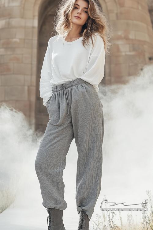 Stylish grey linen trousers for a chic, dreamy outfit vibe