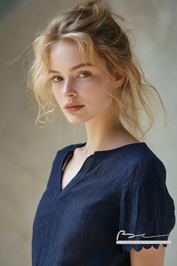 Chic linen top with messy bun, stylish look at Mont Saint-Michel