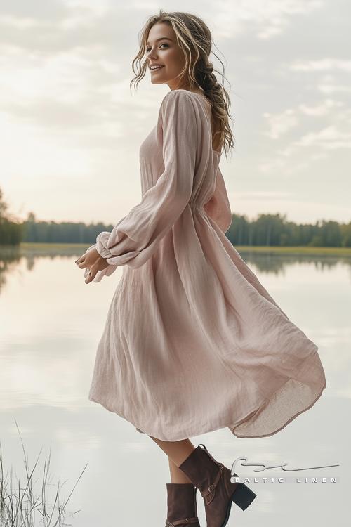 Stunning oversized pink dress in Serene Masurian Lakes at golden hour