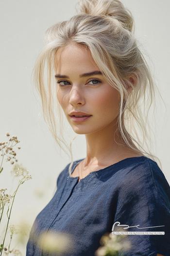 Close-Up of a Platinum Blonde in a Vibrant Wildflower Garden