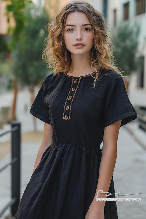 Medium-Length Curly Hair and Elegant Black Linen Dress Inspiration