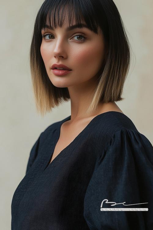Stylish London night outfit with jet-black bob and flared sleeves