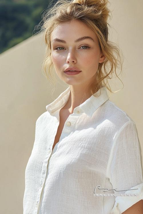 Effortless summer style with honey-blonde curls and linen shirts
