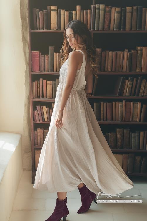Eco-Friendly Linen Dress Styled with Vintage Bookshelves Background