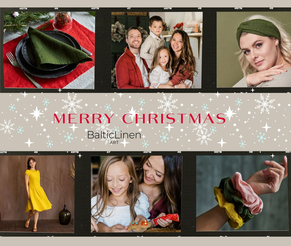 Baltic Linen sends merry Christmas wishes with images of a smiling family, a mother with her baby, and a girl in a yellow linen dress and accessories