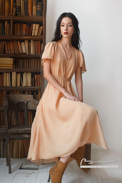 Elegant portrait with chic linen dress and vintage bookshelves backdrop