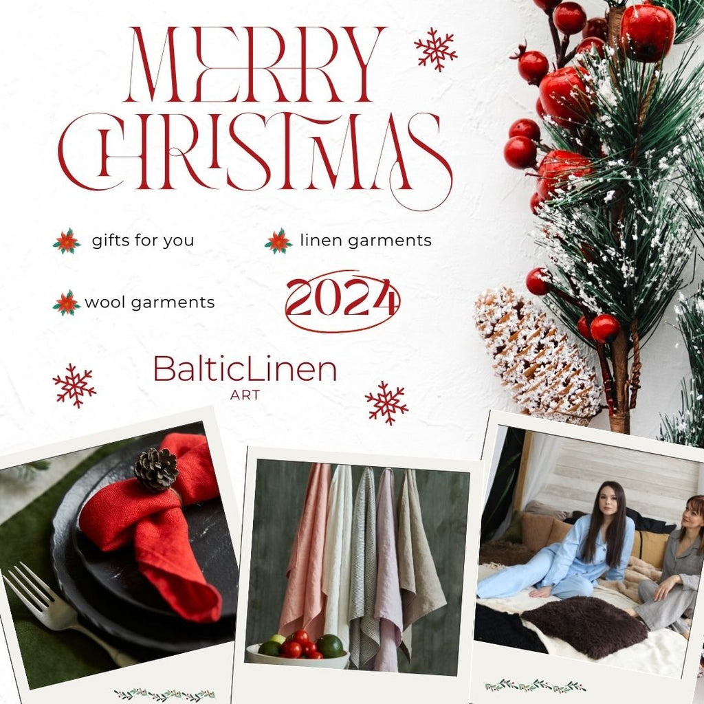 Two women in cozy pajamas sitting on a wide bed, surrounded by a festive atmosphere; a beautifully decorated Christmas table with elegant linen napkins; and soft, stylish towels presented as a perfect Christmas gift idea