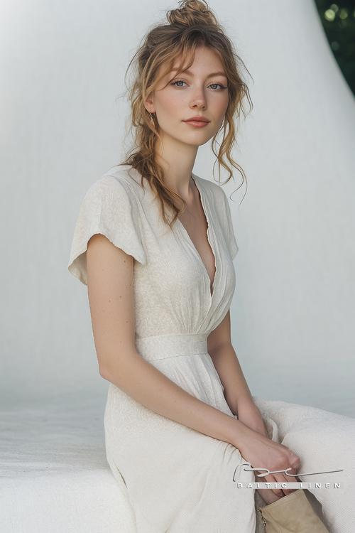 Stunning woman in a linen dress at Île de Bréhat gardens portrait