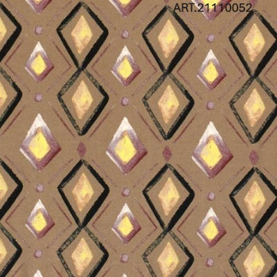 Patterned fabric with diamond shapes in various colors on a brown background.