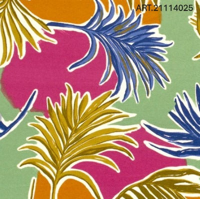 Fabric with colorful palm leaf pattern on a multicolor background.