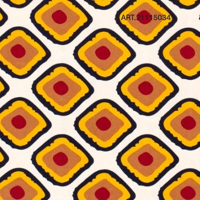 Pattern of diamond shapes with red centers and yellow borders on a white background.