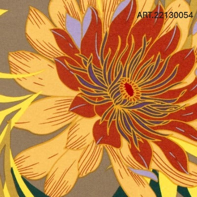 A vibrant floral pattern with orange and yellow flowers on a brown background.
