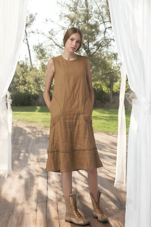 Modern linen summer dress designed to become an essential in every woman's wardrobe. Organic linen dress suitable for many occasions. Washed and soft summer linen dress Juze in Light Sand from Baltic Linen