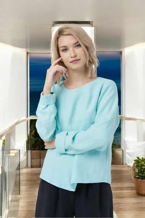 Womens linen blouse with a rounded neckline and long sleeves Karen from Baltic Linen