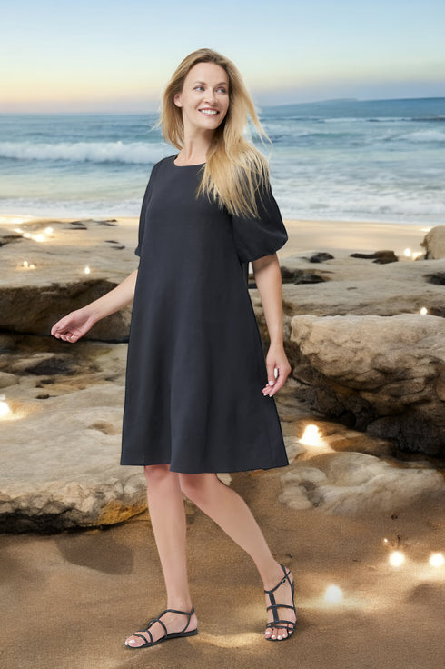 Summer linen dress features half length bubble sleeves Madre from Baltic Linen