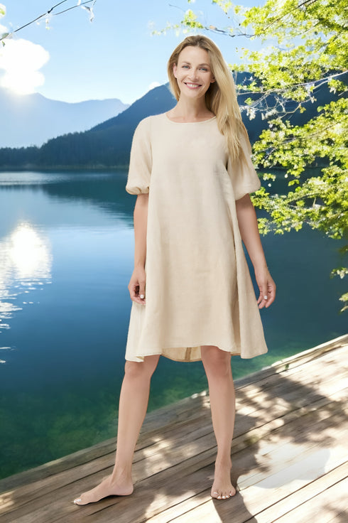 Summer linen dress features half length bubble sleeves Madre from Baltic Linen