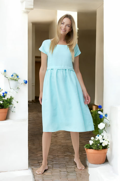 Pure linen dress features short sleeves and side pockets Molly from Baltic Linen