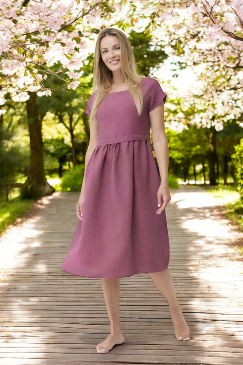 Pure linen dress features short sleeves and side pockets Molly from Baltic Linen