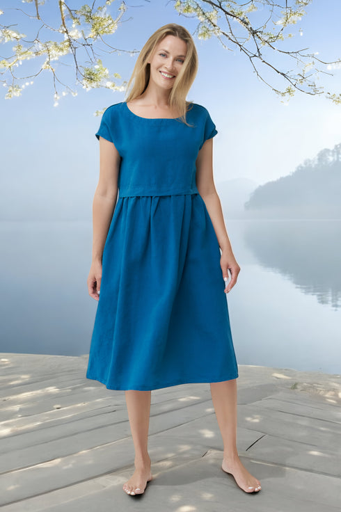 Pure linen dress features short sleeves and side pockets Molly from Baltic Linen