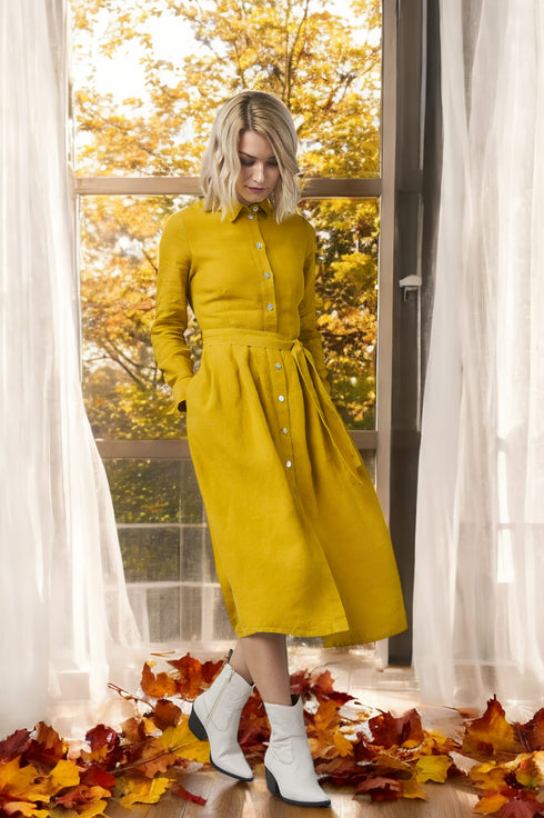 Vintage linen dress with a linen belt and long sleeves Mona from Baltic Linen