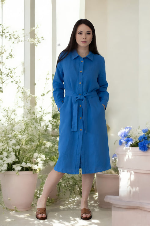 Linen long shirt dress with long sleeves and pockets Nika from Baltic Linen