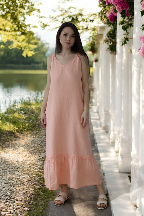 Summer linen dress with a V-neckline and has no sleeves Sheila from Baltic Linen