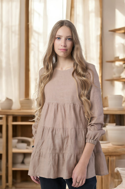 Long sleeves linen top with ruffled bottom & branded neckline Vilte from Baltic Linen