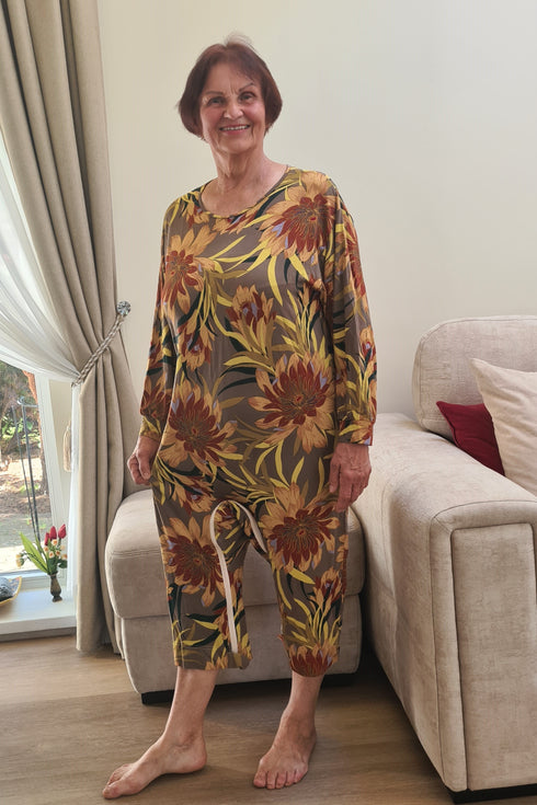 Adaptive geriatric pyjamas for elderly men and women with eye-catching geometric print, designed for comfort, practicality, and dignity.