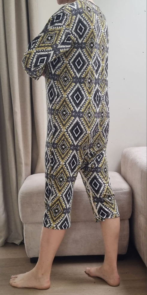 Adaptive geriatric pyjamas for elderly man and women with eye-catching geometric print, designed for comfort, practicality, and dignity.