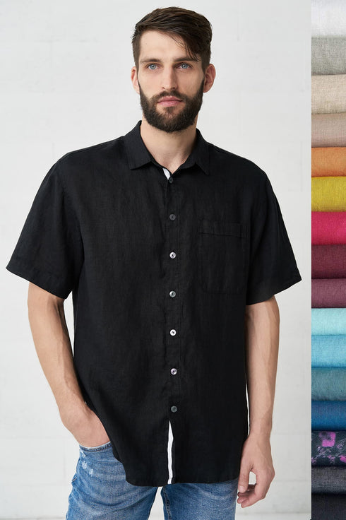 Image 8 of linen shirt features one front pocket and short sleeves Pijus from Baltic Linen