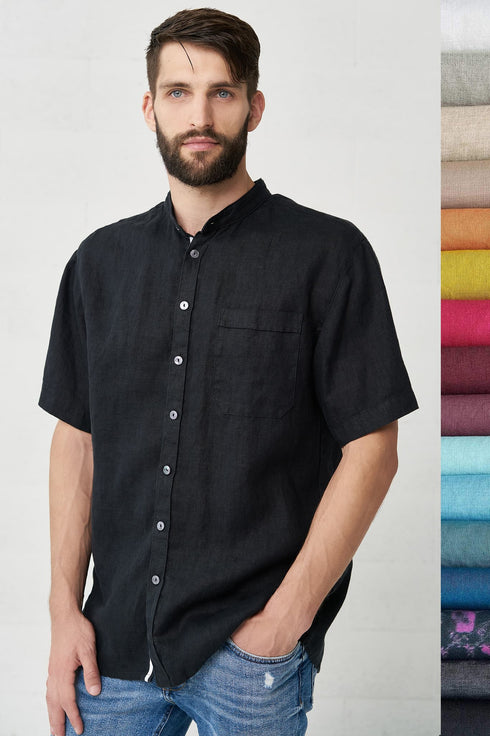 Image 9 of linen shirt with a white stripe in the front & front pocket Povilas from Baltic Linen