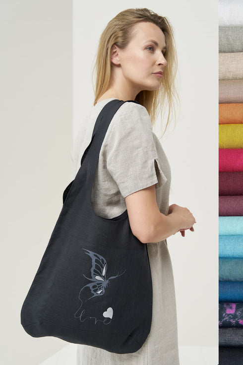 Image 7 of Stylish linen tote bag features one front pocket with a print from Baltic Linen