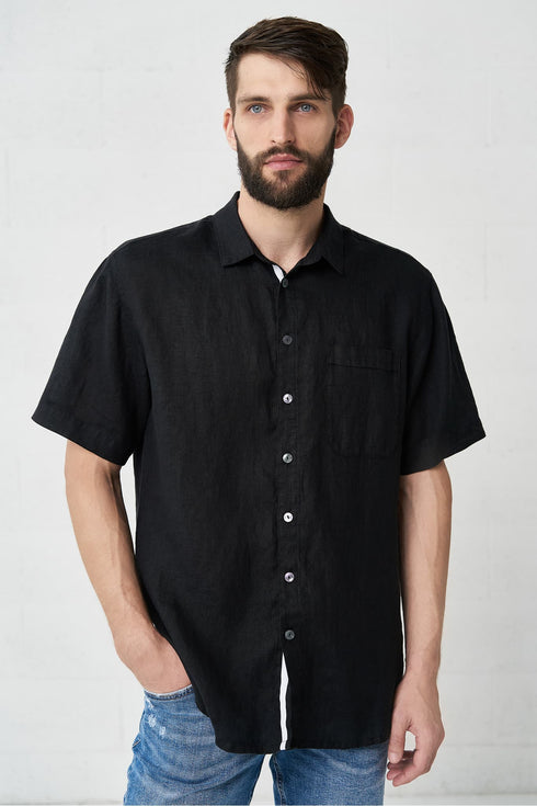 Image 3 of linen shirt features one front pocket and short sleeves Pijus from Baltic Linen