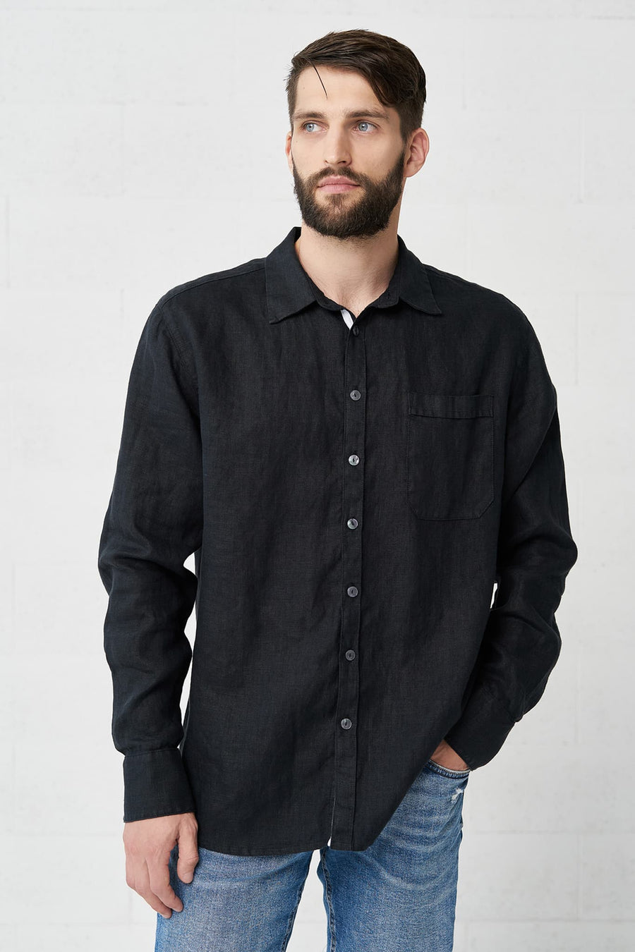 Image 1 of linen long sleeved shirt with front buttons and wrist cuffs Polas from Baltic Linen