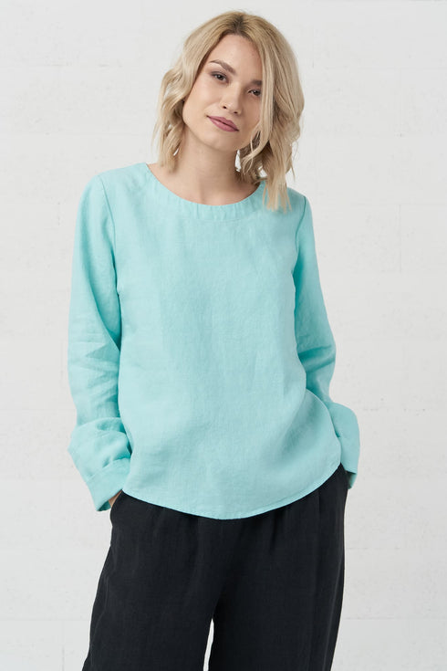 Image 11 of Long sleeves linen top has a rounded, banded neckline Karen from Baltic Linen
