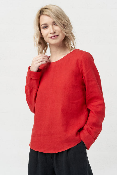 Image 20 of Womens linen top features long sleeves and a rounded neckline Karen from Baltic Linen