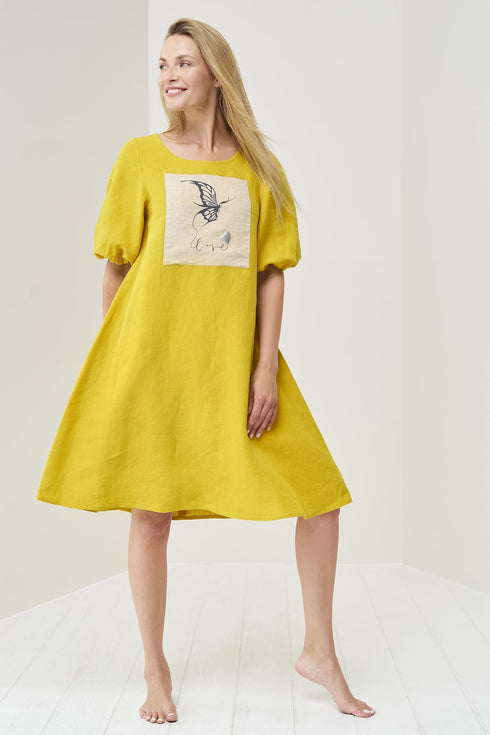 Image 1 of Printed linen dress with half length sleeves & bubble sleeves Madre from Baltic Linen