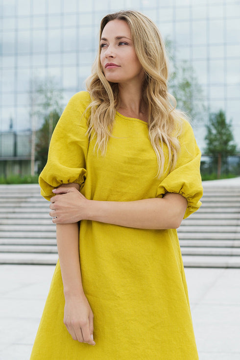 Image 11 of Pure linen dress features bubble sleeves & half length sleeves Madre from Baltic Linen