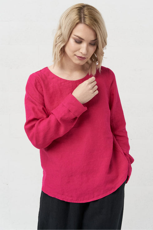 Image 5 of Long sleeves linen top has a rounded, banded neckline Karen from Baltic Linen