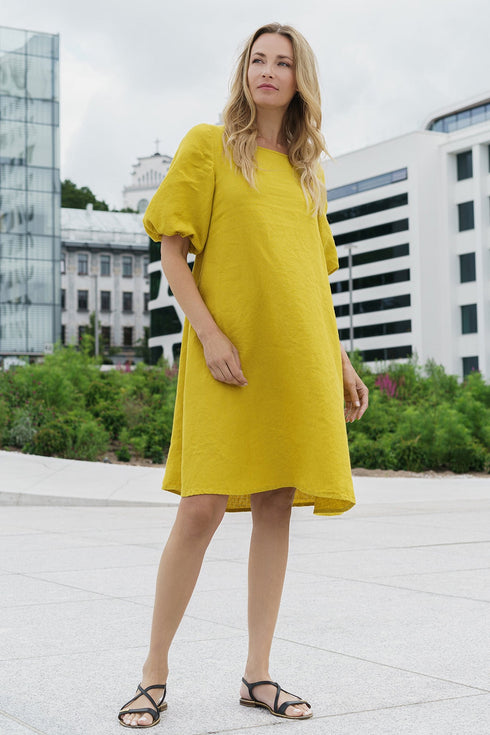 Image 6 of Pure linen dress features bubble sleeves & half length sleeves Madre from Baltic Linen