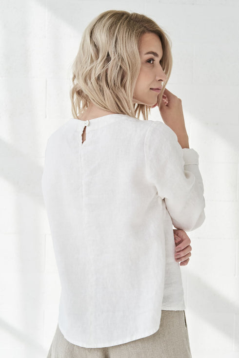 Image 28 of Long sleeves linen top has a rounded, banded neckline Karen from Baltic Linen