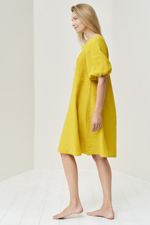 Image 3 of Printed linen dress with half length sleeves & bubble sleeves Madre from Baltic Linen