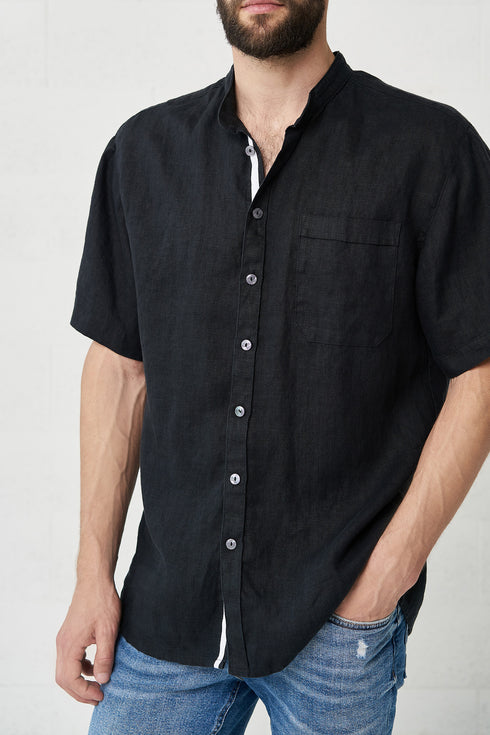 Image 8 of linen shirt with a white stripe in the front & front pocket Povilas from Baltic Linen