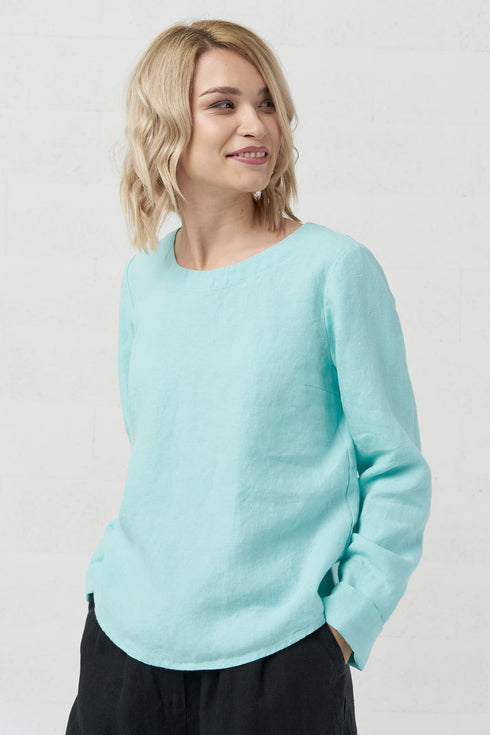 Image 7 of Long sleeves linen top has a rounded, banded neckline Karen from Baltic Linen