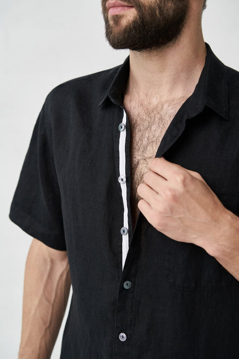 Image 7 of linen shirt features one front pocket and short sleeves Pijus from Baltic Linen